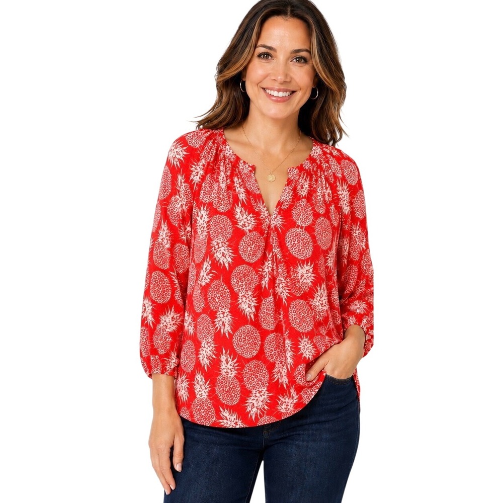 Crown & Ivy Curvy 2X Plus Size Red White Pineapple Print Rayon Blouse Top